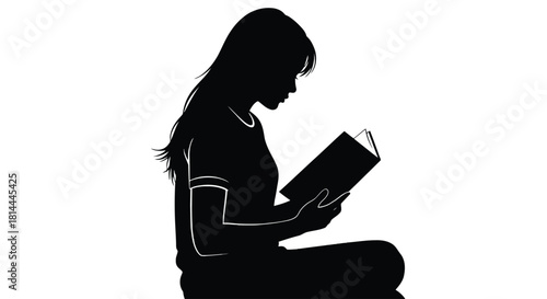 Young woman reading a book silhouette isolated on white background