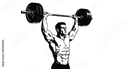 Muscular man lifting heavy barbell silhouette isolated on white background