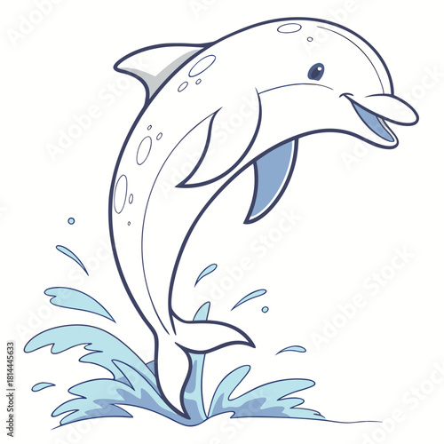 A playful cartoon dolphin leaps from the water with splashes around it