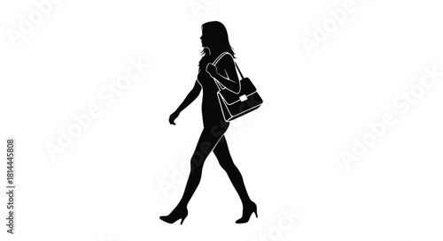 Woman walking with handbag silhouette isolated on white background