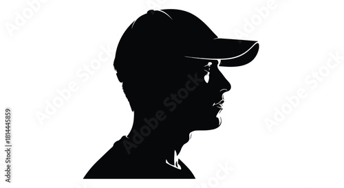 Profile silhouette of a young man wearing a baseball cap isolated on white background