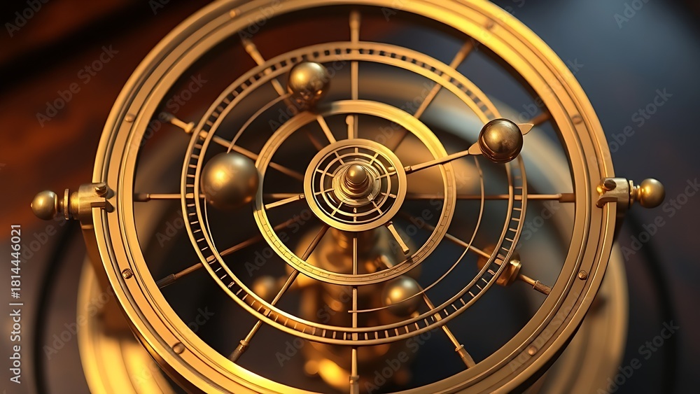 Fototapeta premium orrery. Orrery mechanism with planets orbiting a central star, a brass astronomical instrument model. STEM education sheets, lab safety posters, designed for biotech research communications.