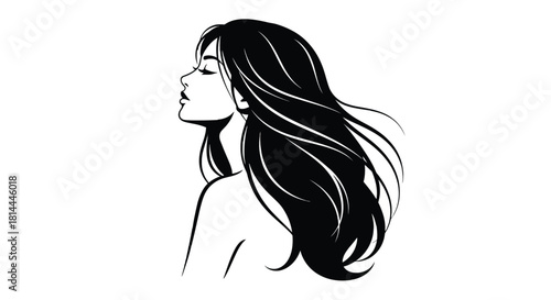 Elegant woman profile silhouette with flowing hair isolated on white background