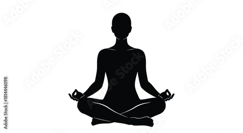 Silhouette of a person meditating in a lotus pose isolated on white background