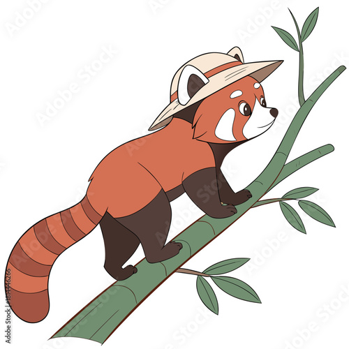 A charming red panda climbs a bamboo stalk wearing a straw hat