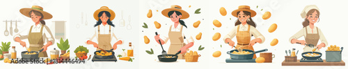 vector of female farmer frying potatoes
