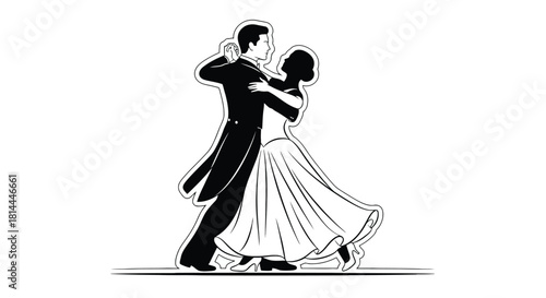 Elegant couple dancing ballroom dance silhouette isolated on white background