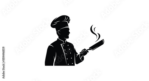 Chef holding frying pan with steam silhouette isolated on white background