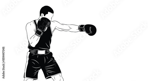 Boxer throwing a punch in silhouette isolated on white background