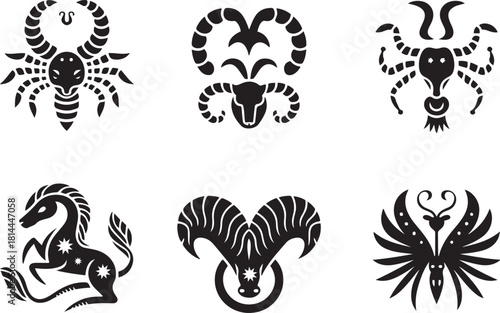 Six stylized black and white glyphs representing zodiac or astrological symbols isolated on white background