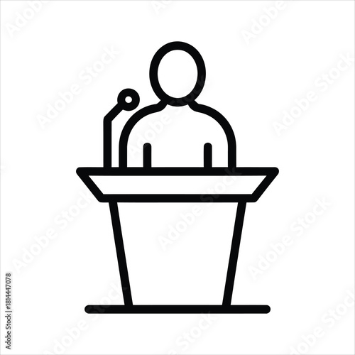 Outlined faceless figure gives a speech from podium with microphone on a transparent background