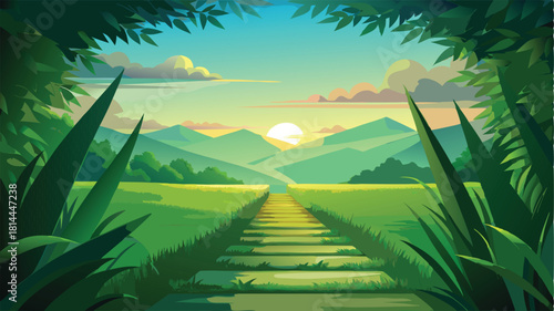 Lush green rice paddy path leading towards mountains during a vibrant sunrise or sunset scene