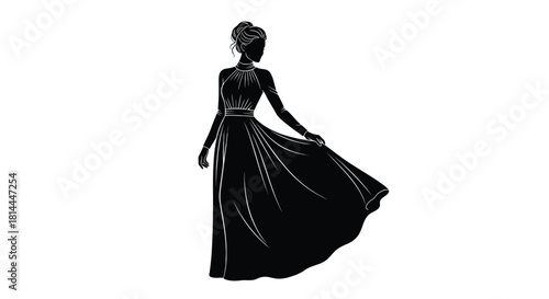 Elegant woman in a flowing gown silhouette isolated on white background