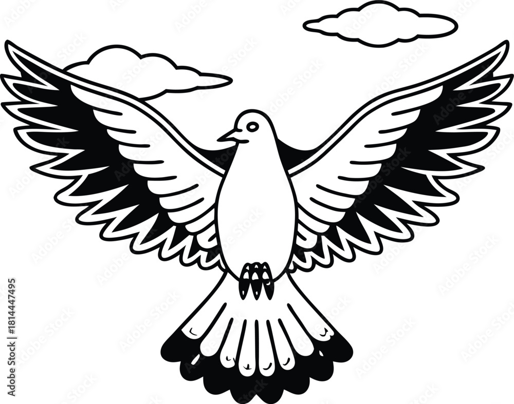 Obraz premium Black and white line art illustration of a dove bird with wings spread flying against a sky background