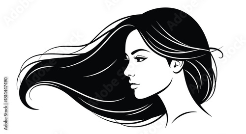 Elegant woman profile silhouette with flowing hair isolated on white background