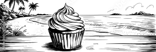 a cupcake placed on a beachside surface with palm trees, ocean waves, and distant islands creating a playful contrast.