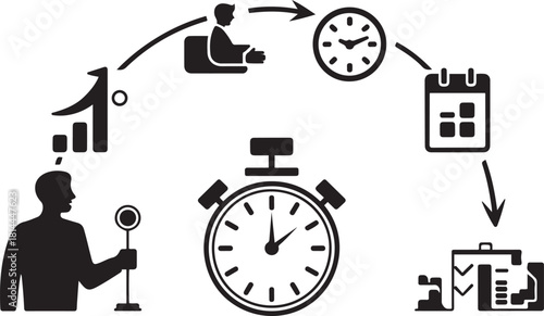 Silhouette icons illustrating a business process flow involving time management and measurement