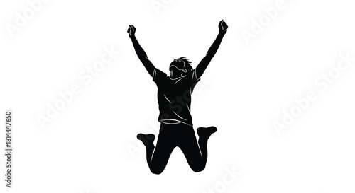Man jumping with arms raised in celebration silhouette isolated on white background