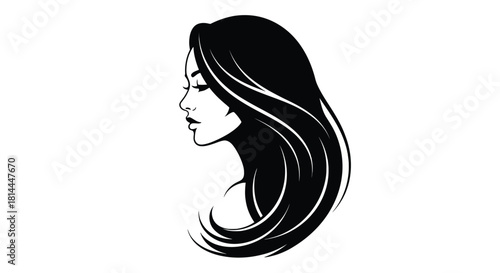 Elegant woman profile silhouette with flowing hair isolated on white background