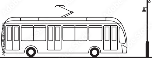 Outline drawing of a modern electric trolleybus with a pantograph on the roof next to a street lamp