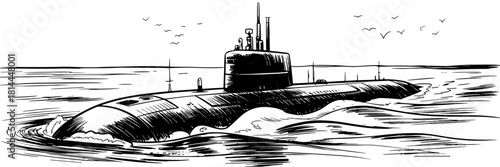 a large submarine moving across the ocean surface with gentle waves and birds flying above.