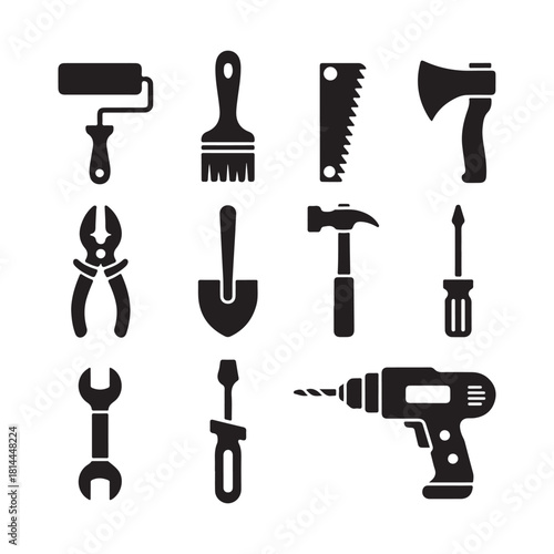 Set of Black Silhouette Construction and Carpentry Hand Tools for Home Repair Projects with a Hammer Axe Wrench Drill and Shovel Ideal for DIY Projects
