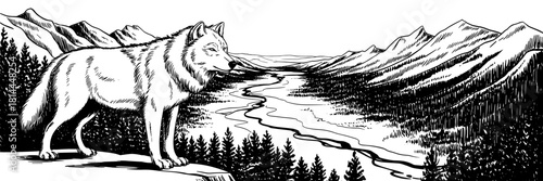 A lone wolf standing on a cliff, surveying a vast mountain valley with winding river and dense forest below.
