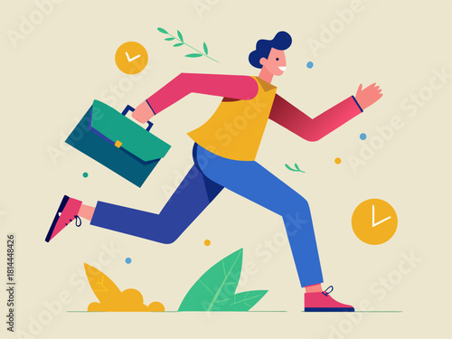 Dynamic worker running with briefcase. Flat vector illustration