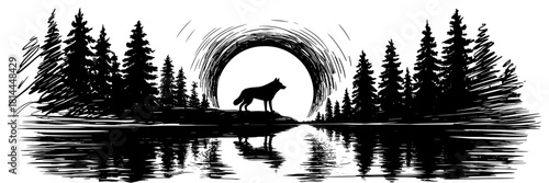 Artistic wolf silhouette standing by a calm lake surrounded by dense pine forest with a dramatic circular sunset in the background.