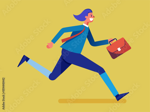 Dynamic worker running with briefcase. Flat vector illustration