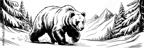 Illustrated grizzly bear striding across a snowy landscape surrounded by pine trees and mountains, ideal for nature, wildlife, and adventure themes.