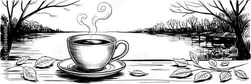 a hot coffee cup on a saucer near a calm lake with trees and fallen leaves in the foreground.