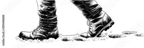 Black and white artwork of rugged boots stepping through fresh snow, capturing cold weather movement, winter travel, and outdoor adventure themes.