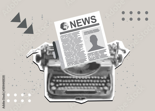  Typewriter printing vintage news. Trendy Halftone Collage. Vintage typewriter in dotted texture vintage pop.
