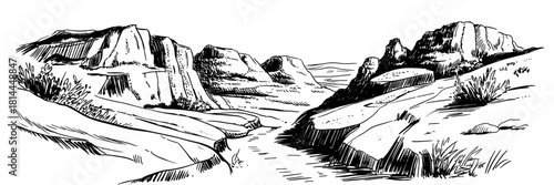 a deep canyon with tall cliffs on both sides and a river flowing through the rugged landscape.