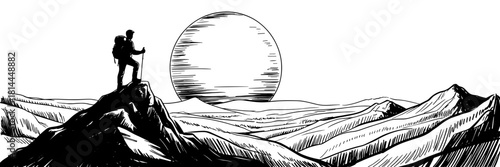 a lone hiker standing on a mountain summit with the sun rising behind, capturing adventure and dramatic wilderness scenery.