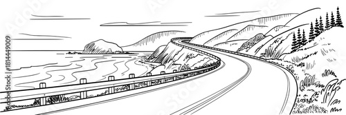 coastal road curving along cliffs beside the ocean, showing a peaceful travel route with hills, waves, and open landscape.