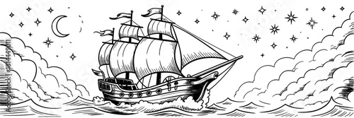 classic sailing ship navigating ocean waves under a night sky with stars, moon, and clouds, creating an adventurous nautical scene.