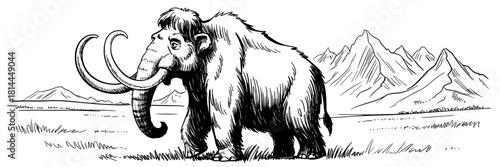 Hand-drawn woolly mammoth standing in an open prehistoric plain with distant mountains, depicting extinct wildlife and ancient Ice Age scenery.
