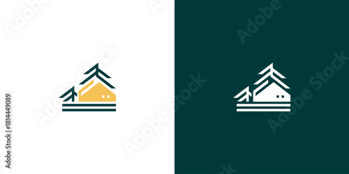 Minimalist cabin in the woods logo icon with pine trees, a simple and clean design for a real estate or travel brand