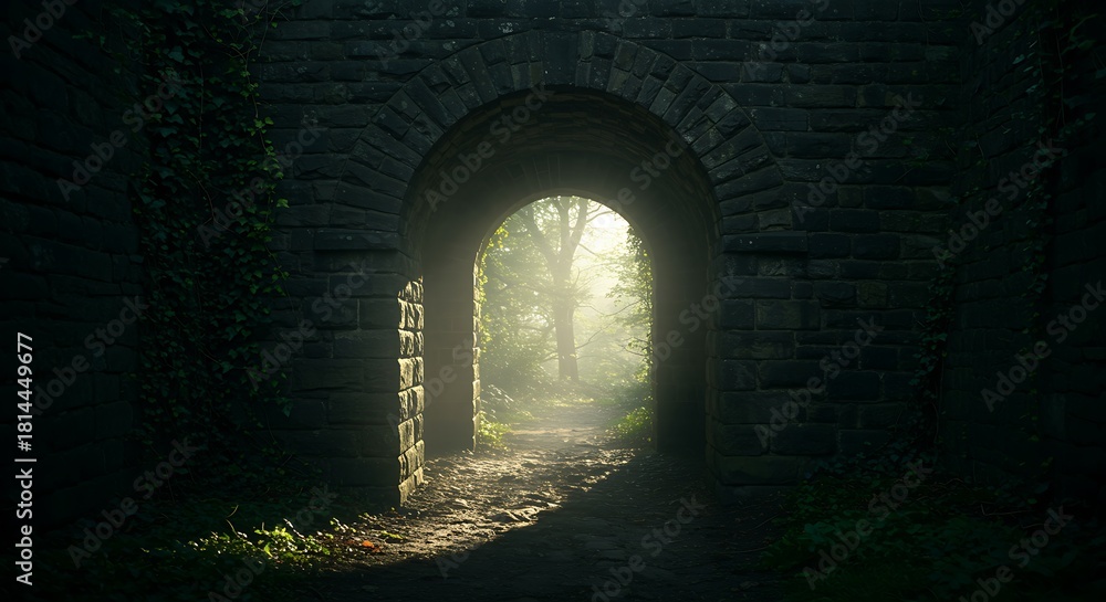 Obraz premium Mysterious path through ancient stone archway leading to magical forest light