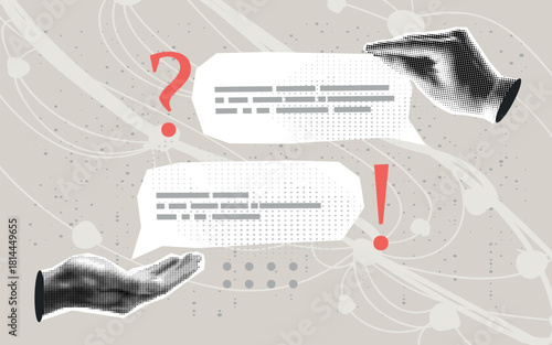 Trendy Halftone Collage Two Hands having social media speech bubble messages. Discussion and communication. Abstract dialogue. Online conversation. Vector contemporary art