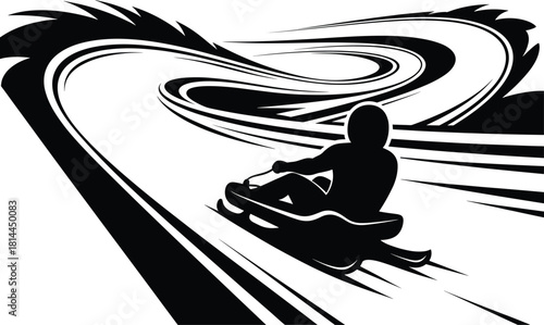Silhouette of person sledding down a winding track, sledding, winter sport, snow, ice, speed, motion, action, silhouette, black and white, graphic, abstract, track, curve, descent, winter, recreation,