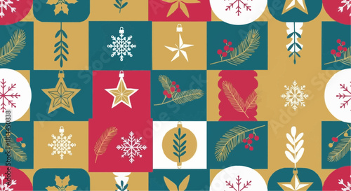 Colorful christmas pattern with snowflakes stars and ornaments in a festive arrangement design