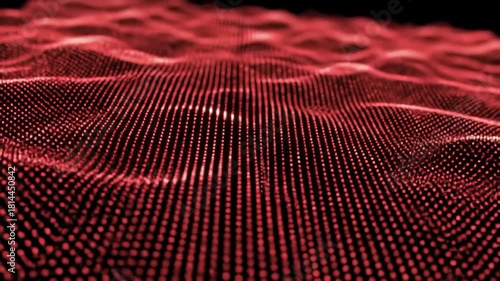 A mesmerizing abstract with a dark background. Red points create a flowing, wavy surface. Lines of vertical points create depth