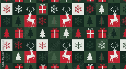 Festive christmas pattern featuring reindeer snowflakes gifts and christmas trees in a tiled arrangement
