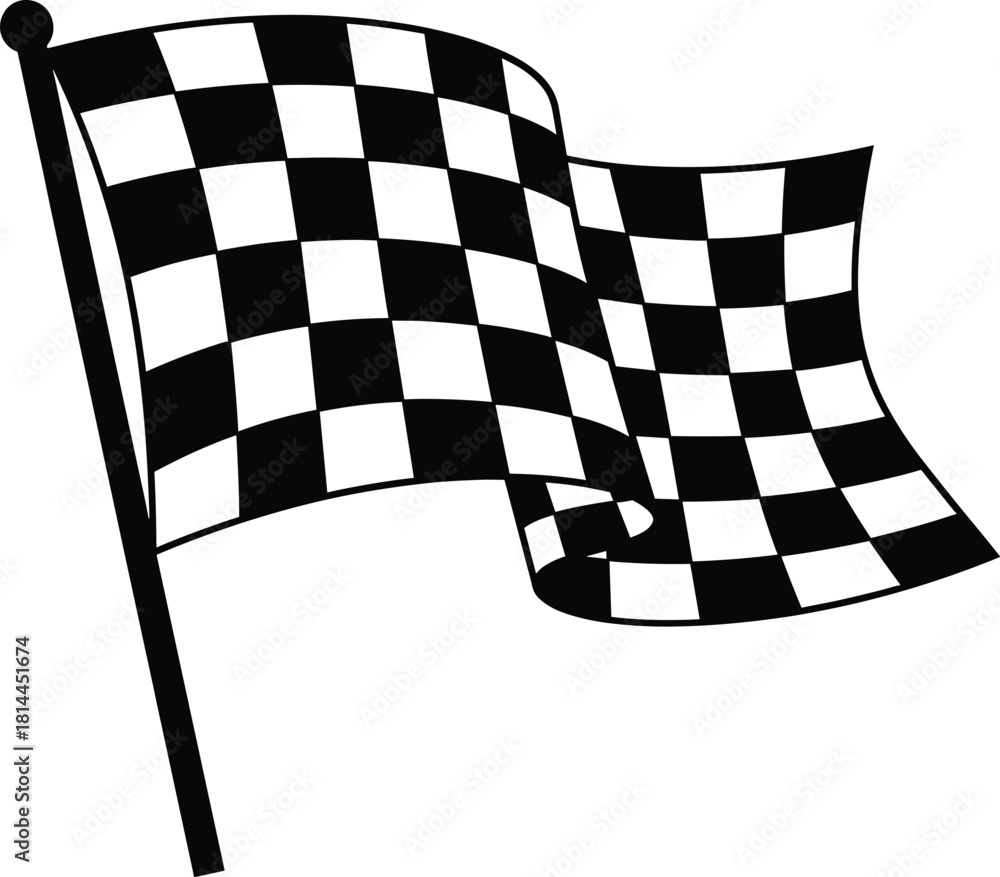 Naklejka premium Black and white checkered racing flag waving on pole, checkered flag, racing flag, finish line, start line, motorsport, speed, competition, victory, win, black and white, graphic, symbol, sports, race