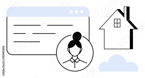 User profile icon over browser window, house, and cloud representing digital tools for real estate. Ideal for property management, online services, connectivity, home search, personal identification