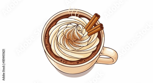 Aromatic hot chocolate with whipped cream and cinnamon sticks in a beige ceramic mug illustration