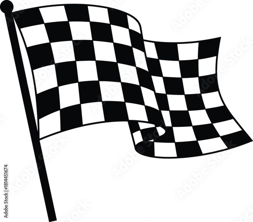 Black and white checkered racing flag waving on pole, checkered flag, racing flag, finish line, start line, motorsport, speed, competition, victory, win, black and white, graphic, symbol, sports, race